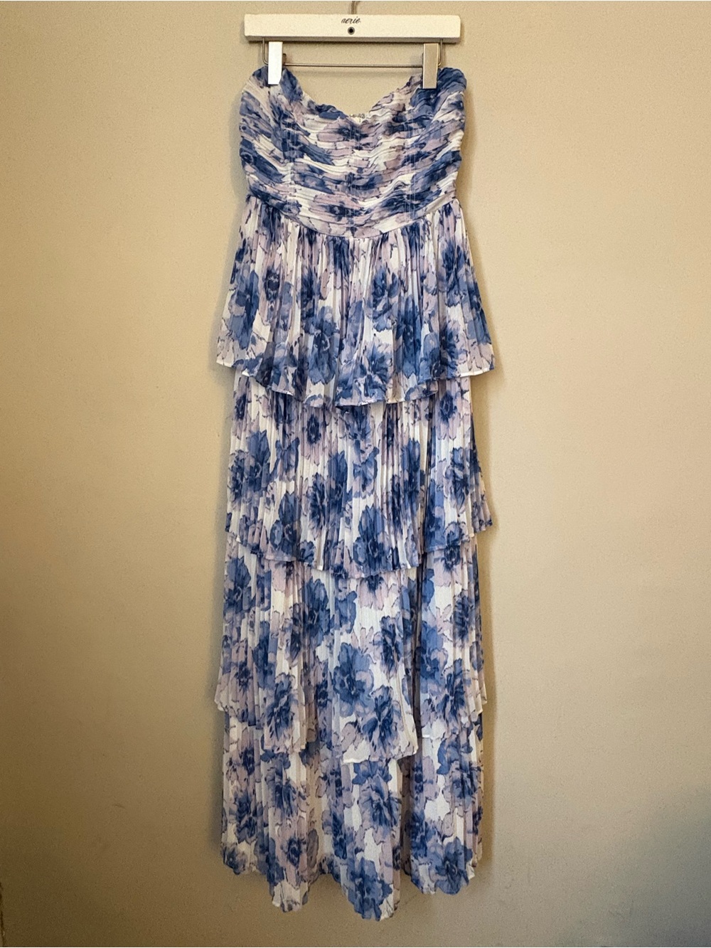 Strapless Blue and Purple Floral Tiered Maxi Dress